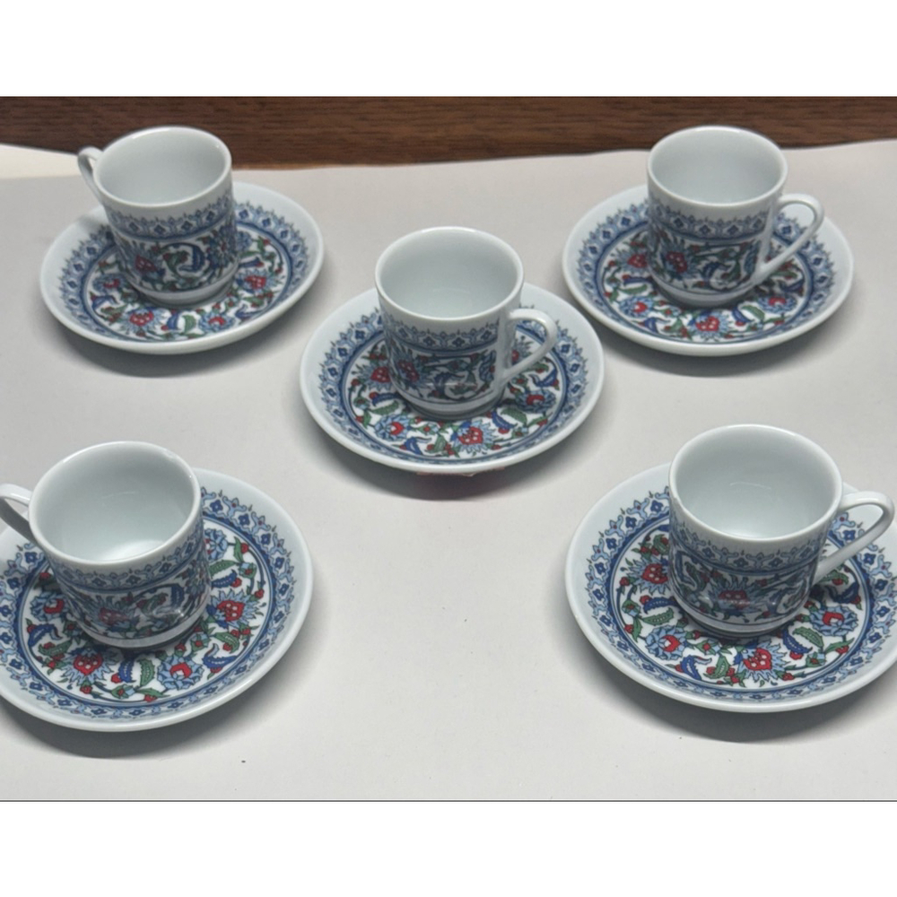Turkish Coffee Cup and Saucer Set 5pc Iznik Style Floral Porcelain Espresso Cups